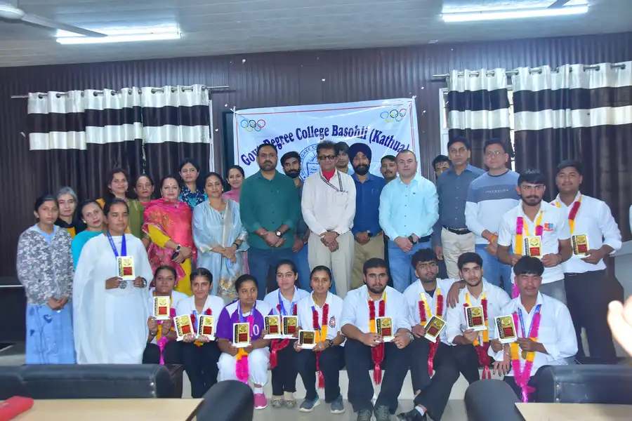 Principal GDC Basohli and faculty members felicitated inter-collegiate medal winners 2025-26.